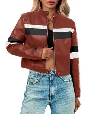 Women's Red Brown Cropped Faux Leather Bomber Vintage Moto Biker Racing Jackets